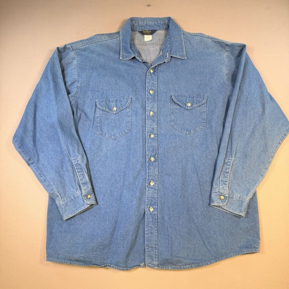OshKosh BGosh Denim Shirt Mens XXXLT Blue Vintage 90s Workwear Long Sleeve